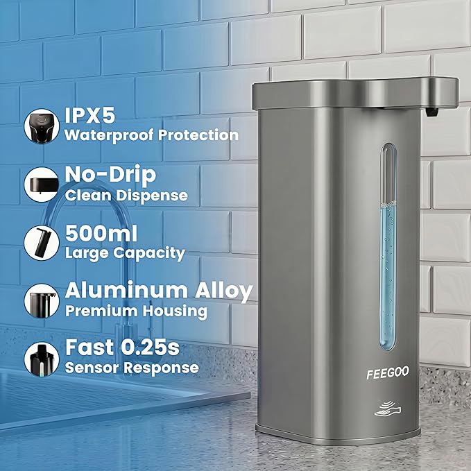 Touchless Automatic Soap Dispenser, 17 oz / 500ml Type-C Rechargeable Countertop Liquid Hand Soap Dispenser for Kitchen and Bathroom, Stainless Steel, Silver