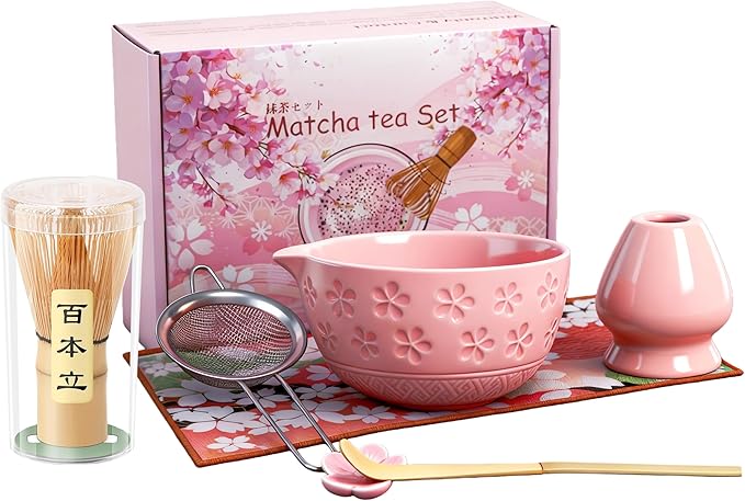 Matcha Whisk Set，Includes Matcha Bowl, Matcha Whisk and Holder, Bamboo Scoop, Scoop Rest, Sifter and Tea Towel, Ceremony Matcha Tea Making Tools