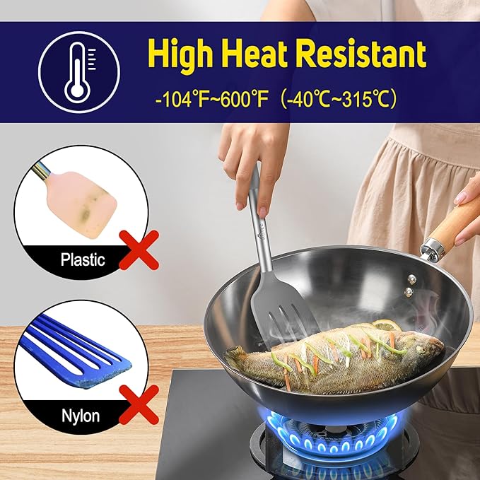 HOTEC Silicone Spatula Set of 2 Heat-Resistant 600°F & BPA-Free Kitchen SaptulaTurner with Stainless Steel Handles, Slotted & Solid Spatulas for Nonstick Cookware, 13.7 Inch, Grey