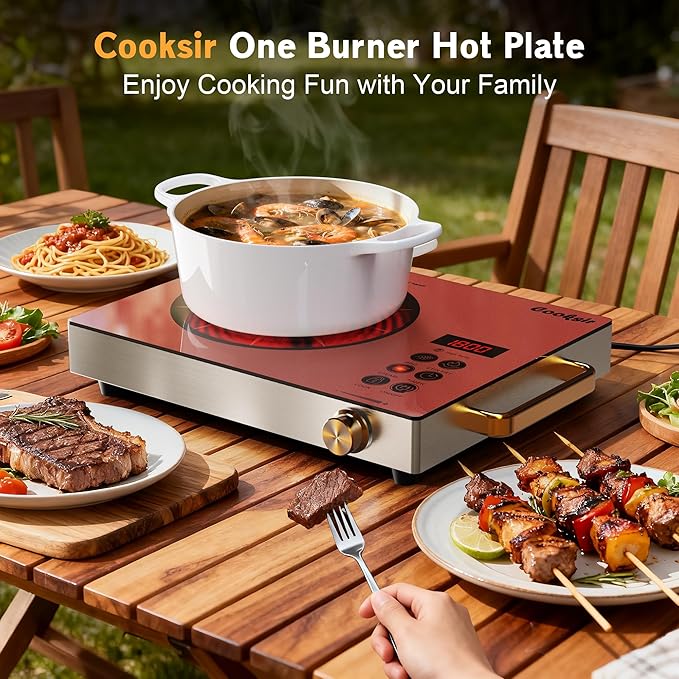 Single Burner Electric Cooktop - 110V 1800W Portable One Burner Hot Plate, Countertop Electric Stove top for Home, Camping, RV, Timer, Child Lock, Steam, BBQ, Stir Fry, 120V Plug in (Orange)