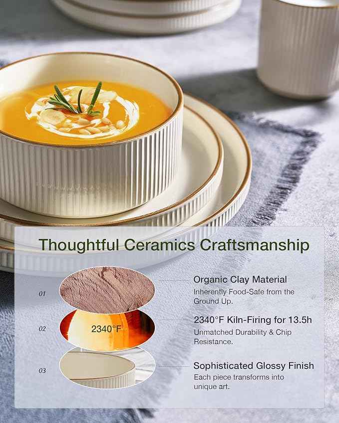 Famiware Star Dinnerware Set, Plates and Bowls Sets for 6 (18pcs), Ribbed Stoneware Dishes - Chip & Scratch Resistant, Microwave & Dishwasher Safe Kitchenware, Cream