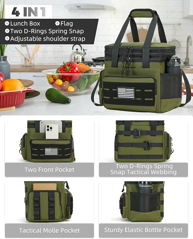holuxer Tactical Lunch Bag & Lunch Box for Men - Large Double Deck Expandable Insulated Soft Adult Lunchbox for Work - Cooler Bag for Beach, Picnic, Camping,Outdoor，Travel (Green,16L)