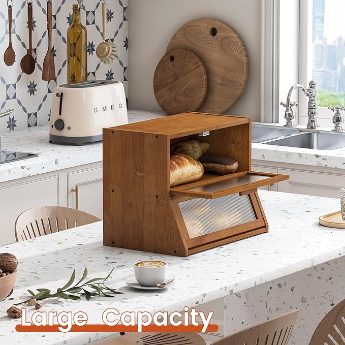 GHWIE Double Layer Bamboo Bread Box for Kitchen Counter,Large Capacity Bread Storage Bin,Bread Container with Acrylic Wavy Door Panel (Brown, Medium)