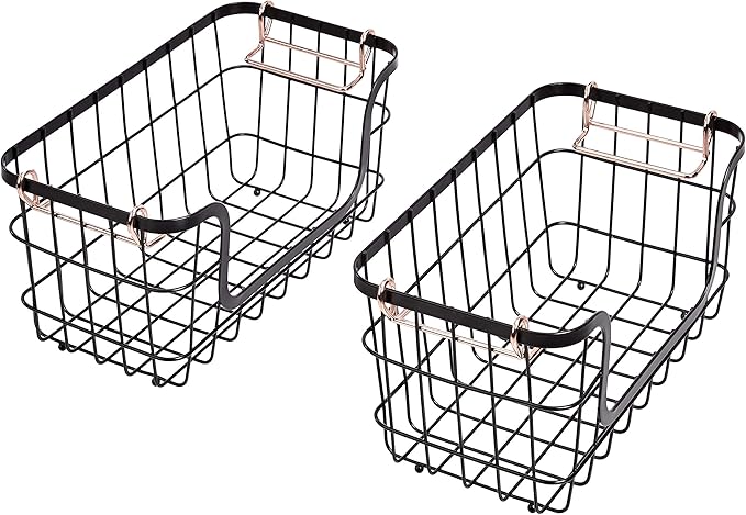 Amazon Basics Stackable Metal Wire Rectangular Storage Baskets for Kitchen, Bathroom or Pantry Organizing, 2 Count, Black