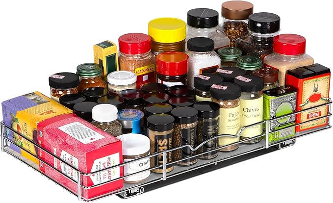 Pull-Out Cabinet Spice Rack Organizer - Slim Slide-Out Storage for Spices, Bottles & Jars, Premium Heavy-Duty Steel, Easy Install for Narrow Kitchen Cabinets - 20 ⅜ W x 10 ½ D x 2 ¾ H, Chrome