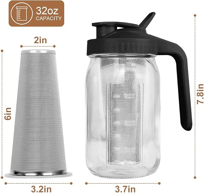 Cold Brew Coffee Maker,32 Oz Mason Jar Pitcher with Stainless Steel Filter, Pour Spout Handle Lid, Heavy Duty Glass Airtight & Leak-Proof for Iced Coffee Tea Breastmilk Lemonade-Black