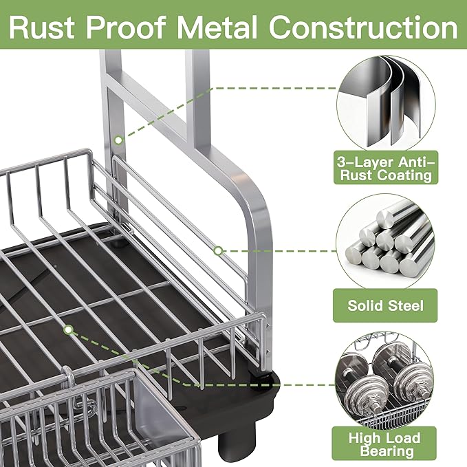 romision 2 Tier Compact Stainless Steel Dish Drainers Drying Rack for Kitchen Counter, Space Saving, Rust Proof Plate Strainers Holder On Countertop with Drainboard, Modern Gray, Small