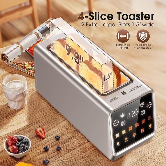 Digital 4 Slice Toaster with LED Touchscreen Long Slot Stainless Steel Toaster for Family, Wide Slots for Thick Bread & Bagels, 6 Shade Settings, Defrost, Reheat, Memory & Single-Slice Modes