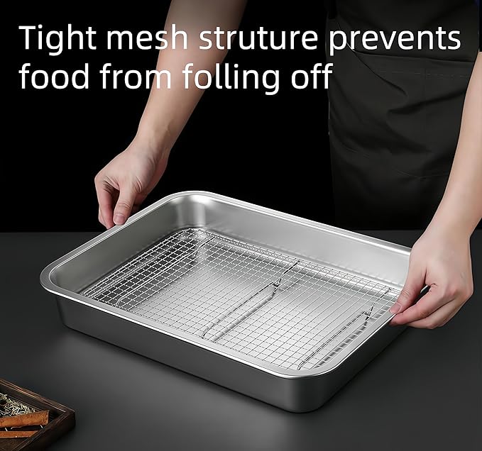 Stainless Steel Sturdy Roasting Pan with Cooling Rack – Oven, Toaster & Grill Safe, Deep Edge, Smooth Finish, Dishwasher Safe – Perfect for Turkey, Chicken, BBQ (17.5x13.6x2.8in)