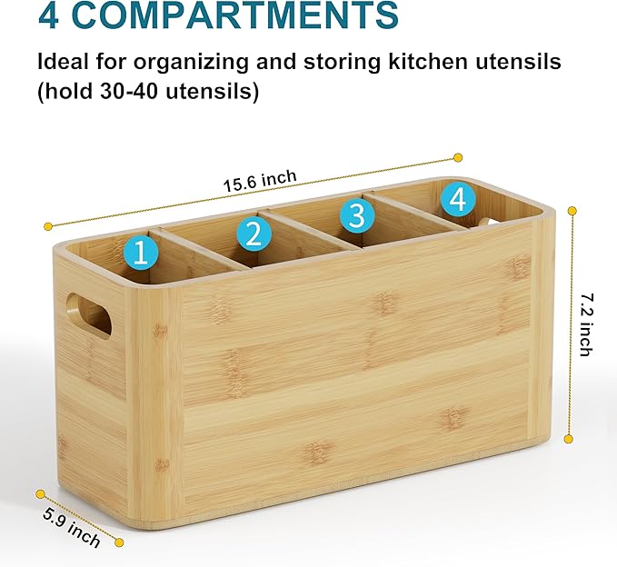 Bamboo Utensil Holder for Kitchen Counter, Extra Large Utensil Organizer for Countertop with 4 Compartments, Cooking Utensil Holder for Spatula Kitchen Storage