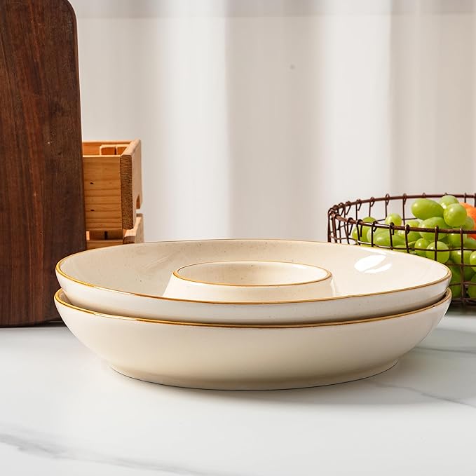 LEHAHA 12.25 inch porcelain Chip and Dip Serving Set, Ceramic Platters for Cheese, Appetizers &Chips Salsa, Fruit and Veggies, Divided Serving Trays for Family Gathering and Parties, Dark Creamy
