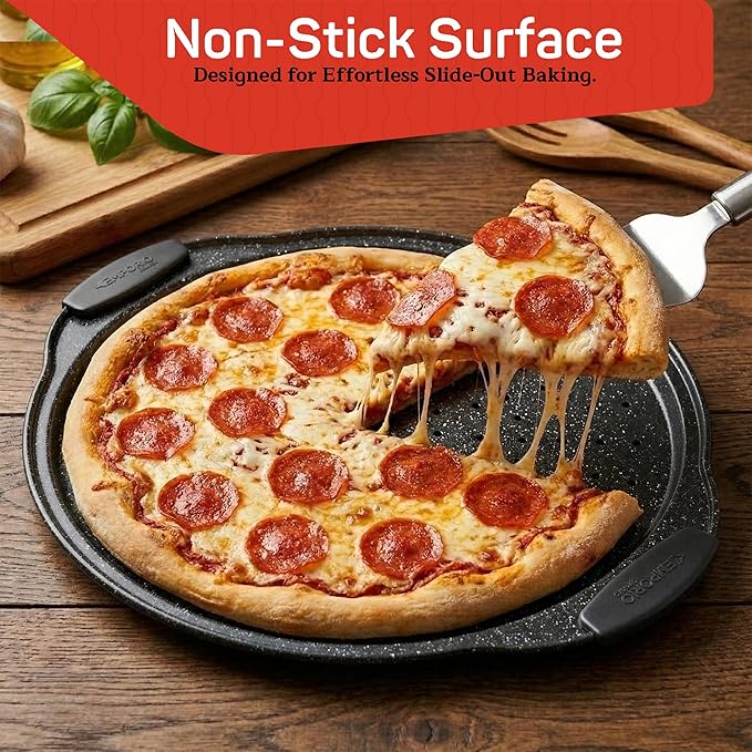Non-Stick Pizza Pan with Silicone Handle 1 Pack, 13 Inch Round Carbon Steel Tray with Perforated Holes, Dishwasher & Oven Safe Up To 450°F, PFOAPFOSPTFE Free, Durable Nonstick Gray Marble Coating