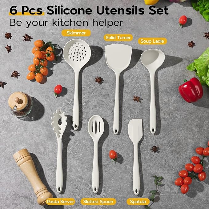 Onader Silicone Cooking Utensils Set, 6 Pieces Kitchen Utensils for Cooking, White Kitchen Utensils Gadget Set of Nonstick Cookware