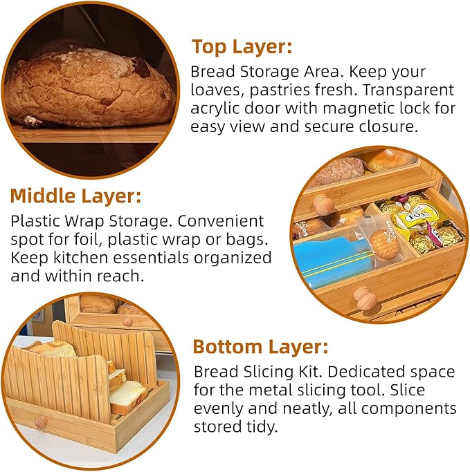Bamboo Bread Box for Kitchen Countertop & Dining Room,Wooden Storage with Display Compartment & Built-in Bread Slicer,Eco-Friendly Organizer for Homemakers, Bakers & Bread Lovers ﻿
