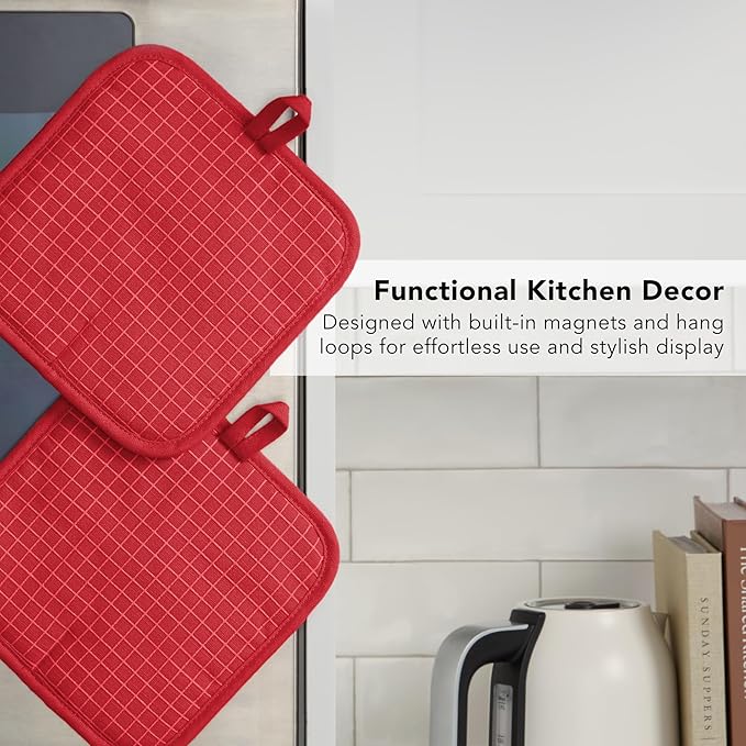 KITCHENAID Gourmet Series Gridlines Pot Holders 2-Pack Set, Heat Resistant up to 600°F, Soft Silicone Grip, Magnetic Cuff, Passion Red, 8"x8"