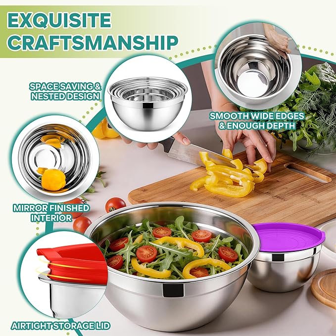 E-far Mixing Bowls With Lids Sets of 5, 10-Piece Stainless Steel Salad Metal Nesting Bowl for Baking Cooking and Prepping, Airtight Lid & Stackable Design, Size 4.6, 3, 2.1, 1.5, 0.7 QT, Colorful