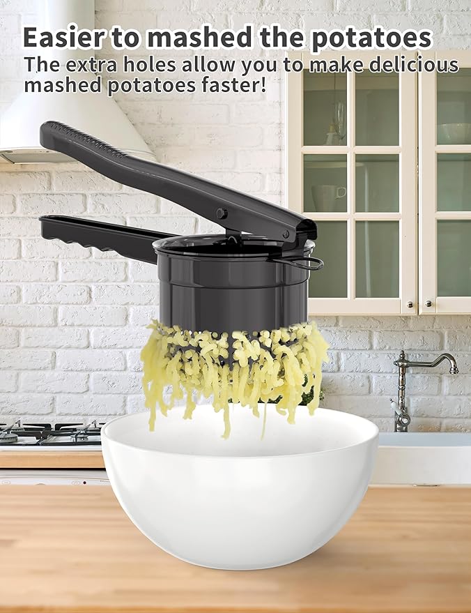 Livilord Large 15oz Potato Ricer, Heavy Duty Stainless Steel Ricer for Mashed Potatoes, Sweet Potato Masher Kitchen Tool with Ergonomic Handle, Press and Mash Kitchen Gadget, Black