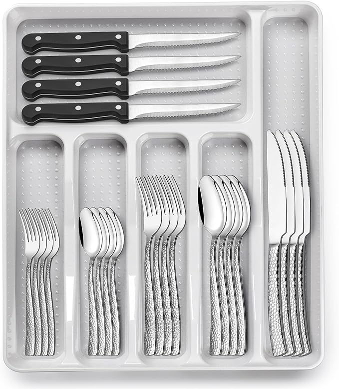 49-Piece Hammered Silverware Set with Organizer, Food-Grade Stainless Steel Flatware for 8, Cutlery Utensil Sets with Steak Knives, Rust-proof, Mirror Polished, Dishwasher Safe, Wave Hammered