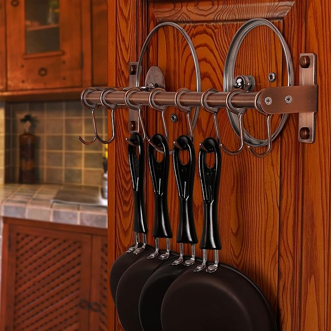 Dseap Pot Rack - Pots and Pans Hanging Rack Rail with 8 Hooks, Double Bars, Pot Hangers for Kitchen, Wall Mounted, Antique Copper