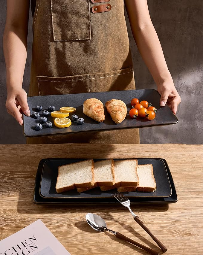 Famiware Serving Platter, Rectangular 15.67/14.1/12.6inch Serving Dishes for Entertaining, Dishwasher Safe, Stoneware Serving Trays for Party, Food, Turkey, Cheese, Reactive Glaze, Matte Dark Charcoal