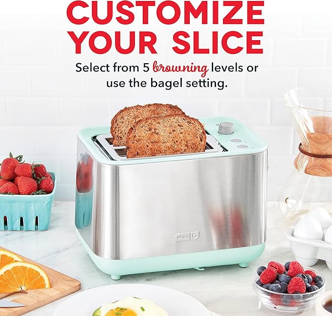 Dash SmartStore® 2-Slice Toaster - Five-Browning Levels, Extra-Wide Slots & Compact Size - Included Storage Lid - 1-Touch Bagel & 15-Second Functions - Aqua