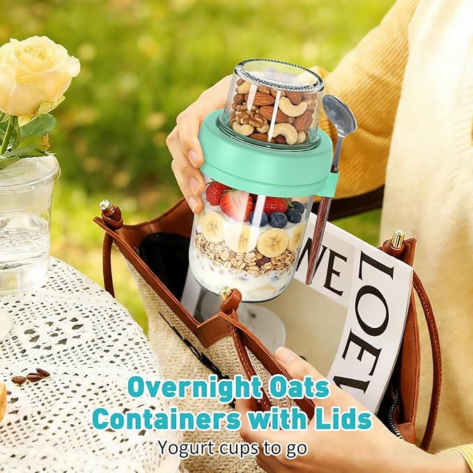 4 Pack Overnight Oats Containers with Lids and Spoons, 20 oz (16+4) Overnight Oats Jars, Glass Mason Jars with Dry and Wet Separation for Oatmeal Salad Yogurt, Dual-Layer Yogurt Containers with Lids