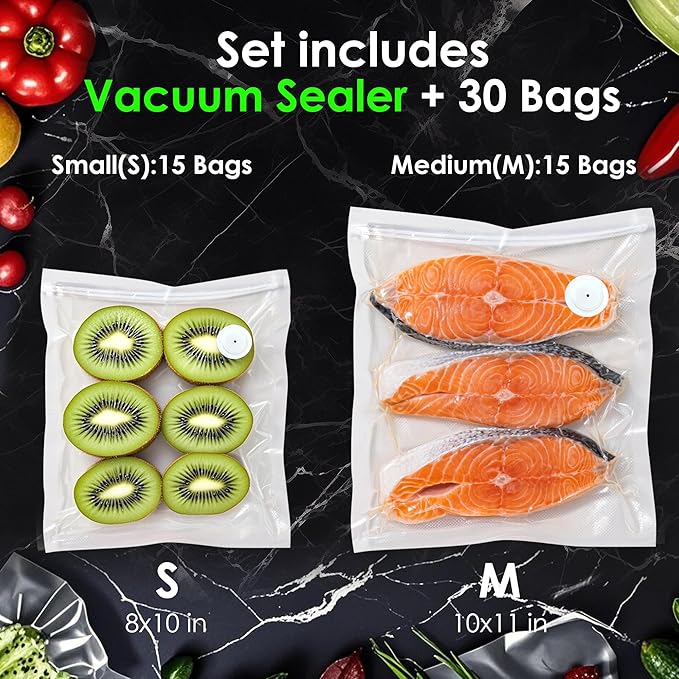Vacuum Sealer, Portable handheld Vacuum Sealer + 30 Reusable Vacuum Bags, Portable Food Sealer, With LED pressure display, 2-Speed Pressure Control (60/80 Kpa)