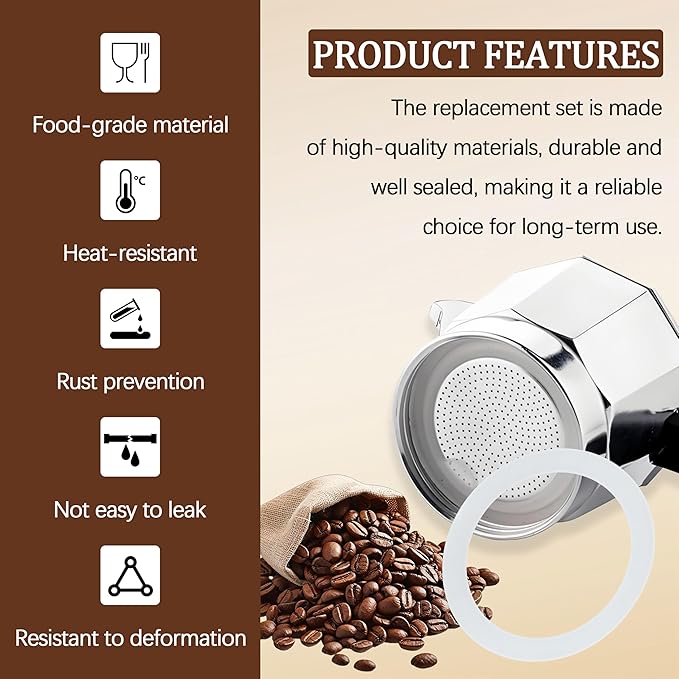 Silicone Sealing Ring Aluminum Replacement Filter 1 Cup For Stove Top Espresso Maker Replacement Filler Parts Set Includes 1 Filter and 3 Upgraded Silicone Fings