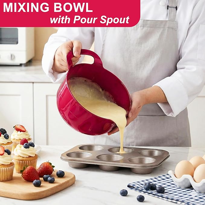 BoxedHome 4 Pack Nesting Mixing Bowl Set with Pour Spout and Handle, Non-Slip Bottom, BPA free Microwave & Dishwasher Safe(Deep Carmine)