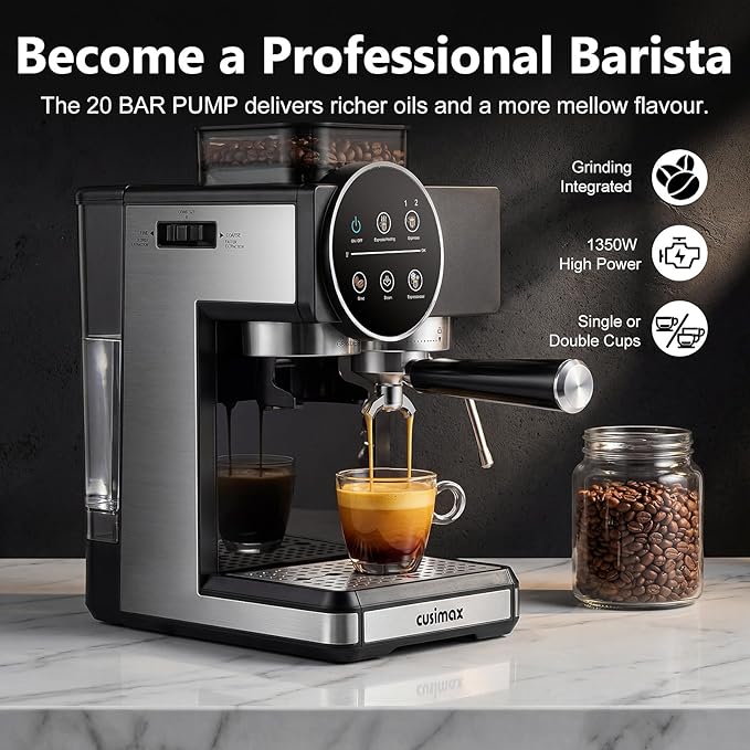 CUSIMAX Espresso Machine with Grinder, 20 Bar Professional Expresso Coffee Machines with Milk Frother Steam Wand, Espresso Maker with 60oz Removable Water Tank, Cappuccino & Latte Machine for Home