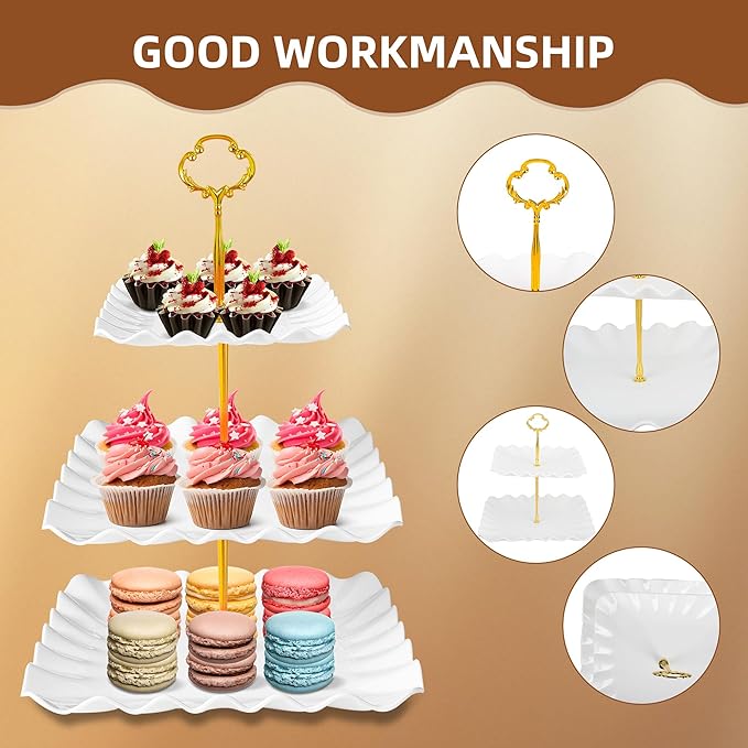 10 Pack Dessert Table Display Set - 4 x Three-Tier Square Cupcake Stands and 6 x Serving Trays, Elegant Tableware for Cakes, Cupcakes, Pastries, and Snacks, Perfect for Parties (Black)