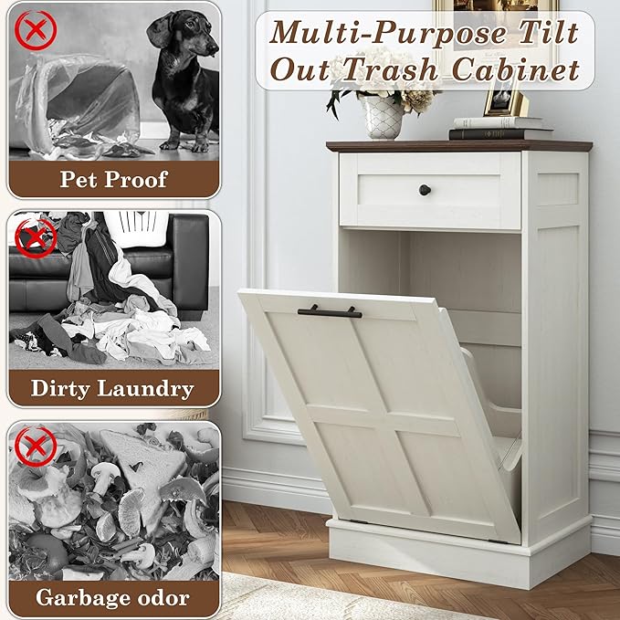 chartustriable Farmhouse Tilt-Out Trash Can Cabinet, 12.5 Gallon Laundry Hamper with Drawers, Wooden Hidden Garbage Can Cabinet w/Storage for Kitchen & Living Room, Antique White