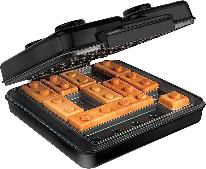 Building Brick Electric Waffle Maker- BLACK with 2 Construction Eating Plates- Cook Fun Shaped Waffles Pancakes like Houses, Cars & More- Stack & Build Creations on Serving Dishes, Morning Activity