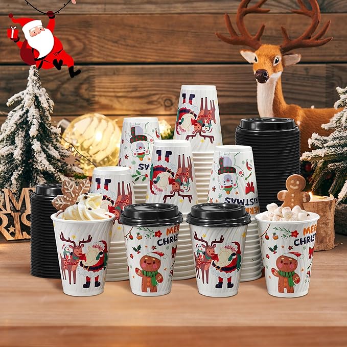Christmas 100 Pack Coffee Cups with Lids 12oz, Disposable Insulated Ripple Wall To Go Paper Coffee Cups for Hot/Cold Drinks Office Home Shop Event