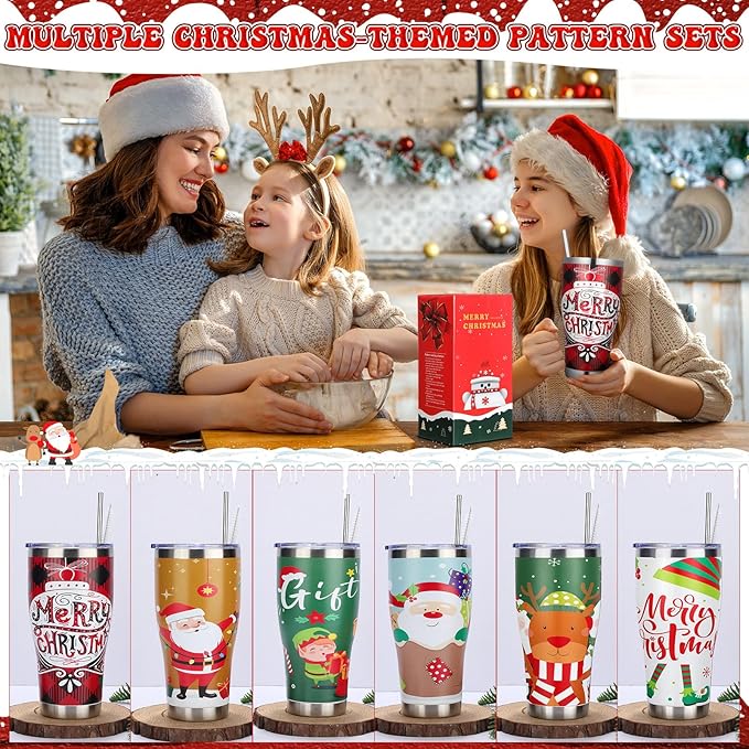 Mifoci 6 Pcs Christmas Tumblers 30oz Stainless Steel Christmas Travel Coffee Cup Double Insulated Vacuum Tumbler with Lid Straw Santa Claus Holiday Mug Gifts for Coworker Team Teacher(Classic)