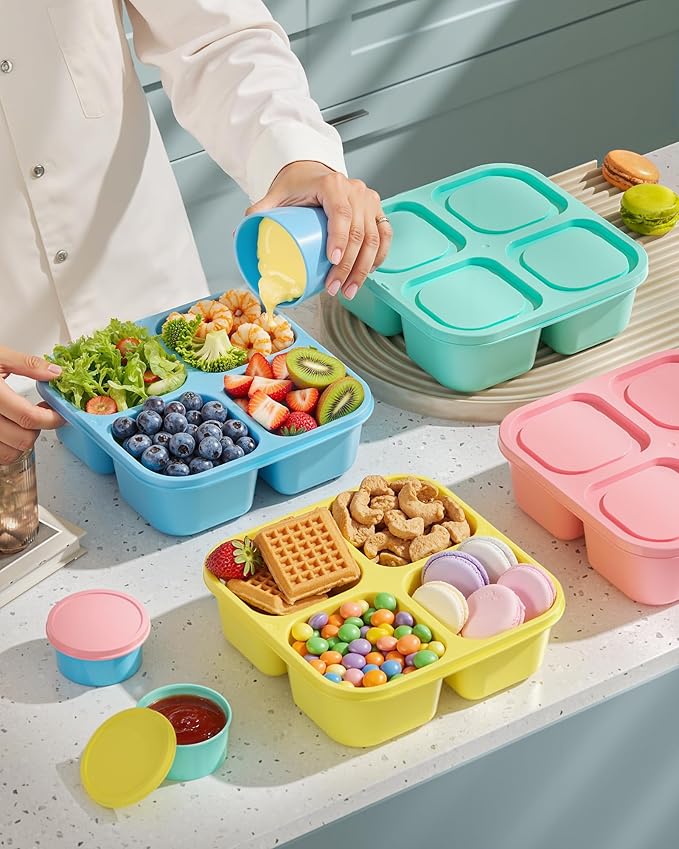 Canfanni 4 Pcs Snack Box Containers Set, Reusable 4 Compartment Lunchable Container with 2Pcs Sauce Containers, Stackable BPA-Free Bento Box for School, Work, Travel (4 Color)