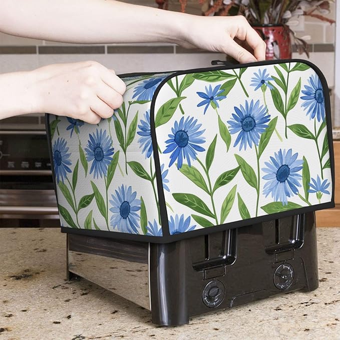 Cornflower White Flowers Covers for 4 Slice Toasters,Cute Country Bread Machine Cover with Handle,Washable Stain Resistant Kitchen Small Appliance Cover Dining Decor