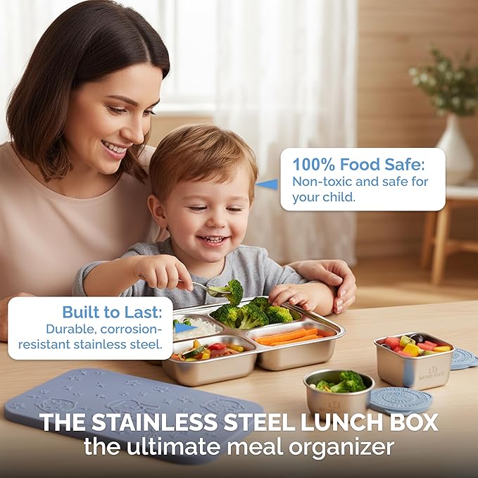 Stainless Steel Lunch Box for Kids 5 and Older – 3 Pieces Stainless Steel Bento Box with 4 Compartments & 2 Snack Containers – Leak Proof, BPA-Free, Eco-Friendly, Dishwasher Safe & Durable – Blue