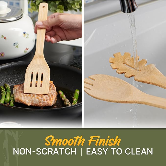 Bamboo Utensils 7 PCs with Holder – Bamboo Cooking Utensils Set + Holder for Nonstick – Wooden Spoon Sets for Cooking – Easy to Clean, Sturdy, Lightweight & Heat Resistant