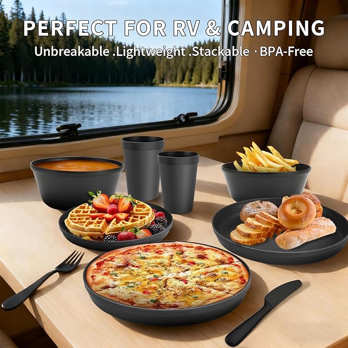 40 Piece Plastic Dinnerware Set for 8 with Cutlery, Unbreakable Plates and Bowls Set, Dishwasher & Microwave Safe Reusable Dish Set for Camping, RV, Outdoor Kitchen, Apartment Dining,Rainbow Multicol
