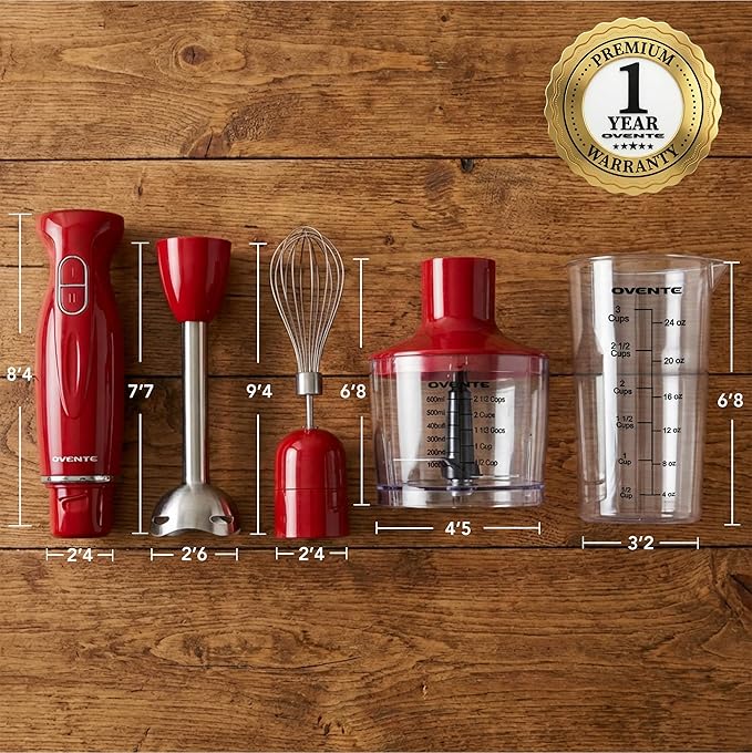 OVENTE Immersion Hand Blender Set, 300W Electric Handheld Stick Mixer, 2 Mixing Speeds with Stainless Steel Blades, Egg Whisk, Beaker & BPA-Free Food Chopper, Red HS565R