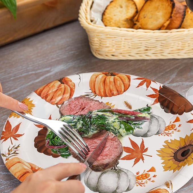WDF 50 Pack Fall Oval Paper Plates - 10" x 12" Pumpkin and Maple Large Paper Plate - Thanksgiving Autumn Leaves Plates Disposable Heavy Duty Dinner Size - Suitable For Thanksgiving/Fall Theme Party