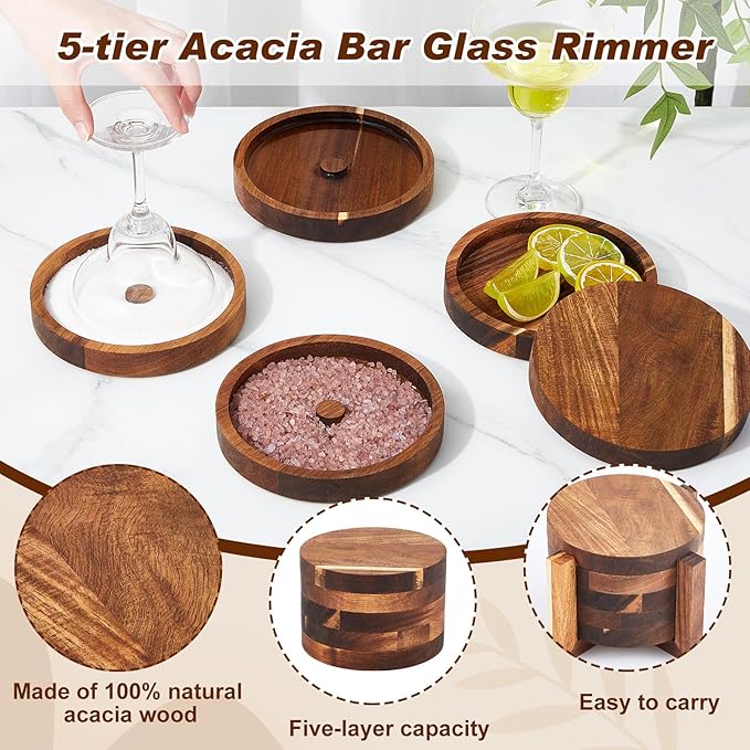 Mifoci 5 Tier Multifunctional Acacia Wood Bar Glass Rimmer Bartender Tool with 12 Pcs Stainless Steel Classic Bottle Pourer Bar Caddy with 6 Compartment 1000 Pcs Coffee Cocktail Stirrers 200 Napkins