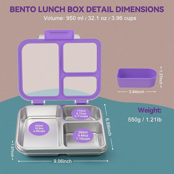 Stainless Steel Bento Box for Kids, 3-Compartment Metal Lunch Box with Clear Lid & Removable Silicone, Lunch Box Kids with Silicone Inner Container for Meal Prep, School, Office (Purple)