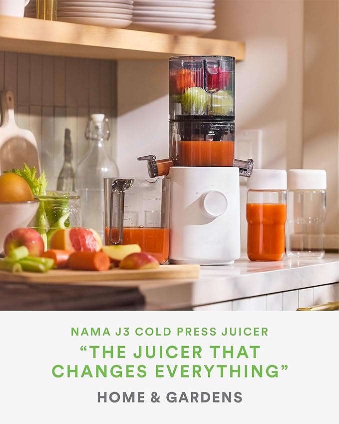 Nama J3 Compact Cold Press Juicer – Space Saving & Self Feeding for Hands-Free Operation – Lightweight, Portable Zero Waste Slow Masticating Juicer – Easy Cleanup & Assembly - White