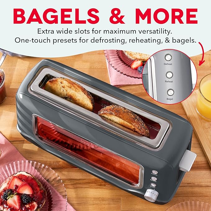 DASH Clear View Toaster: Extra Wide Slot Toaster with See Through Window - Defrost, Reheat + Auto Shut Off Feature for Bagels, Specialty Breads & other Baked Goods - Grey