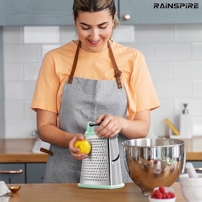 Rainspire Professional Box Grater, Cheese Grater Box for Kitchen Stainless Steel with 4 Sides, Cheese and Spice Graters with Handle for Vegetables, Ginger, Potatoes, Mint