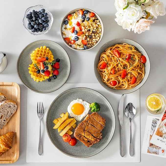 vancasso ANYA 24 Pieces Plates and Bowls Set, Stone Grey Dinnerware Sets, Reactive Glaze Dishes Set for 6, Ceramic Dishware Sets Kitchen Dinner Set, Microwave & Dishwasher Safe