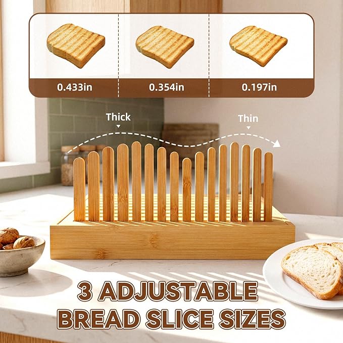 Adjustable bread slicer and multi-purpose tray for slicing handmade bread, sourdough, large loaves, baguettes, and other homemade breads. Suitable for home bakers and bread enthusiasts.