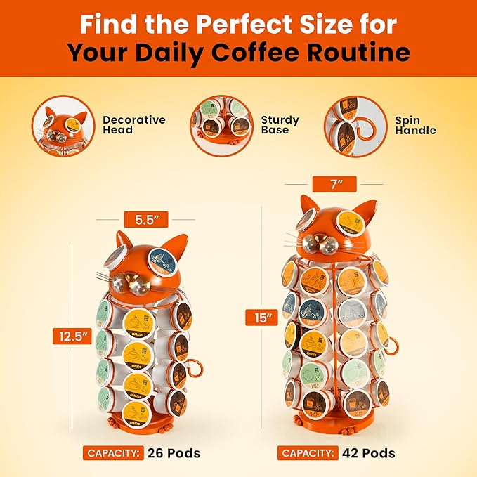 Made Easy Kit Carousel Coffee Pod Holder, Compatible with Keurig K-Pods K-Cups, Countertop Rack Storage Organizer, Metal Home and Kitchen Decor, Capsule Café Station Bar (Small, Orange Cat)
